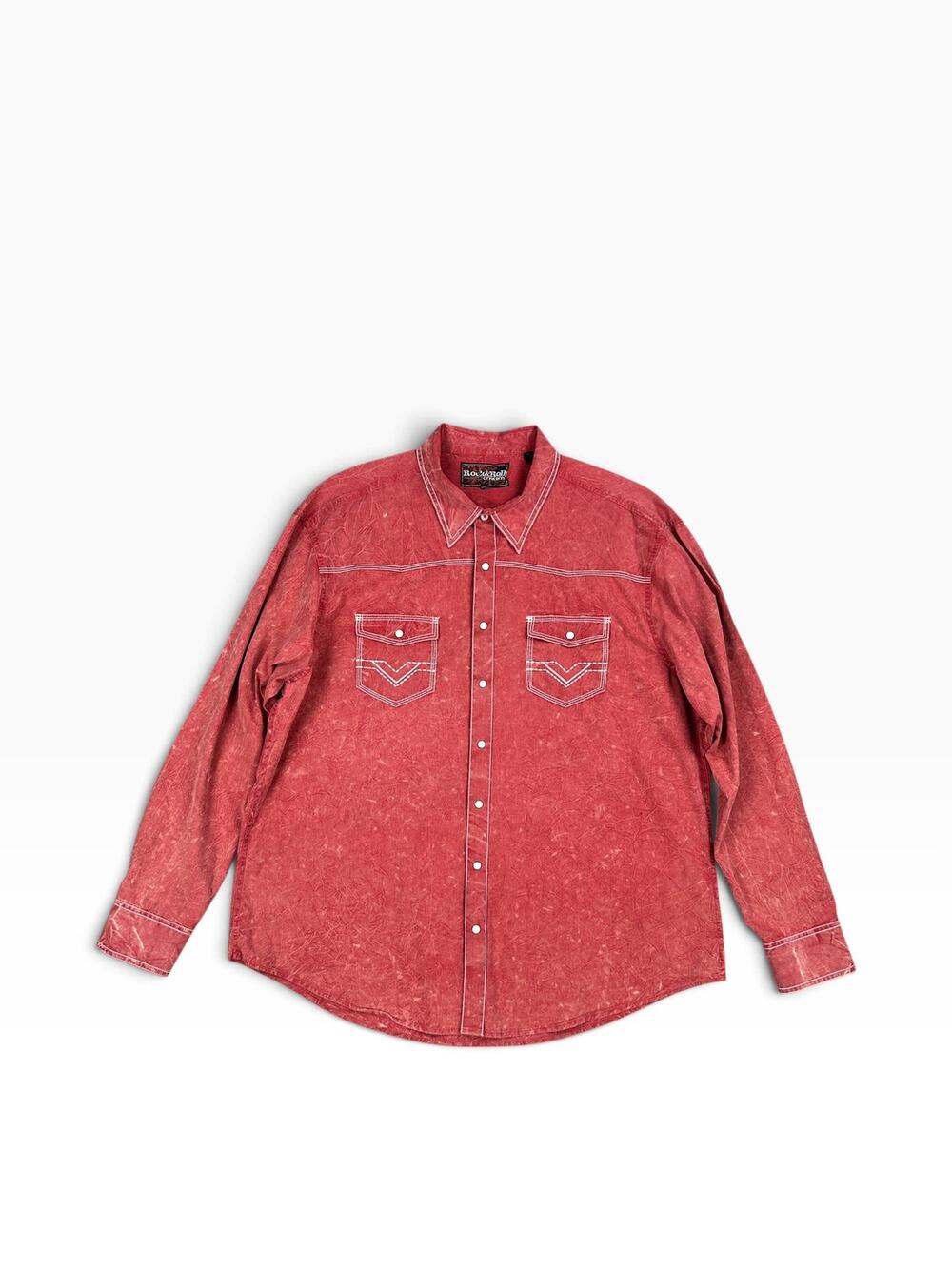 Rock & Roll Cowboy Vintage Washed Long Sleeve Pearl Snap Brick Red — Size 2XL